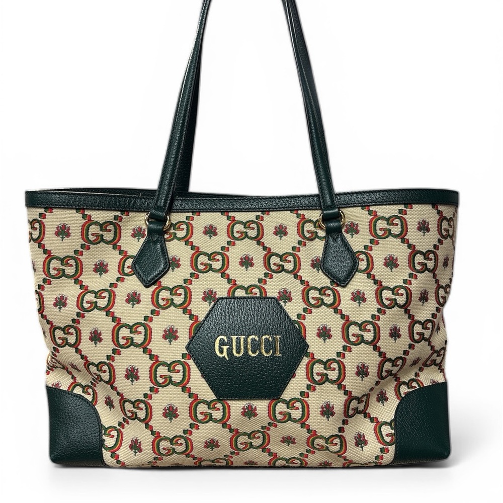 Gucci 100th Anniversary Green Beige Canvas Leather Tote Bag